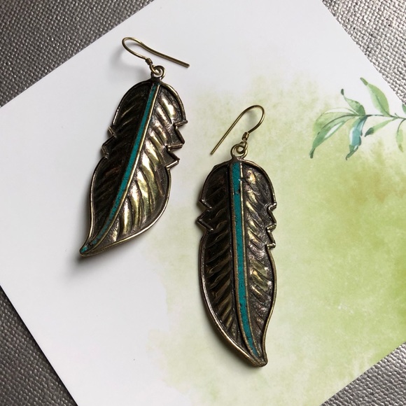 Tibetan Turquoise Inlay Feather Brass Earrings - Picture 6 of 6